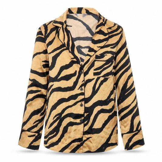 Front view of Primark women’s brown animal print polyester basic button-up size 2xs collared - tiger print