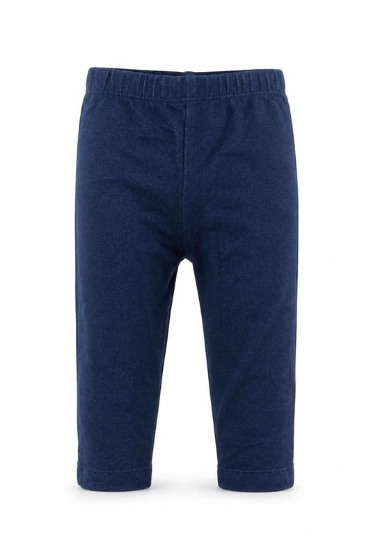 Front view of Nutmeg girls’ blue cotton jogger leggings, size 3-6, months pullover