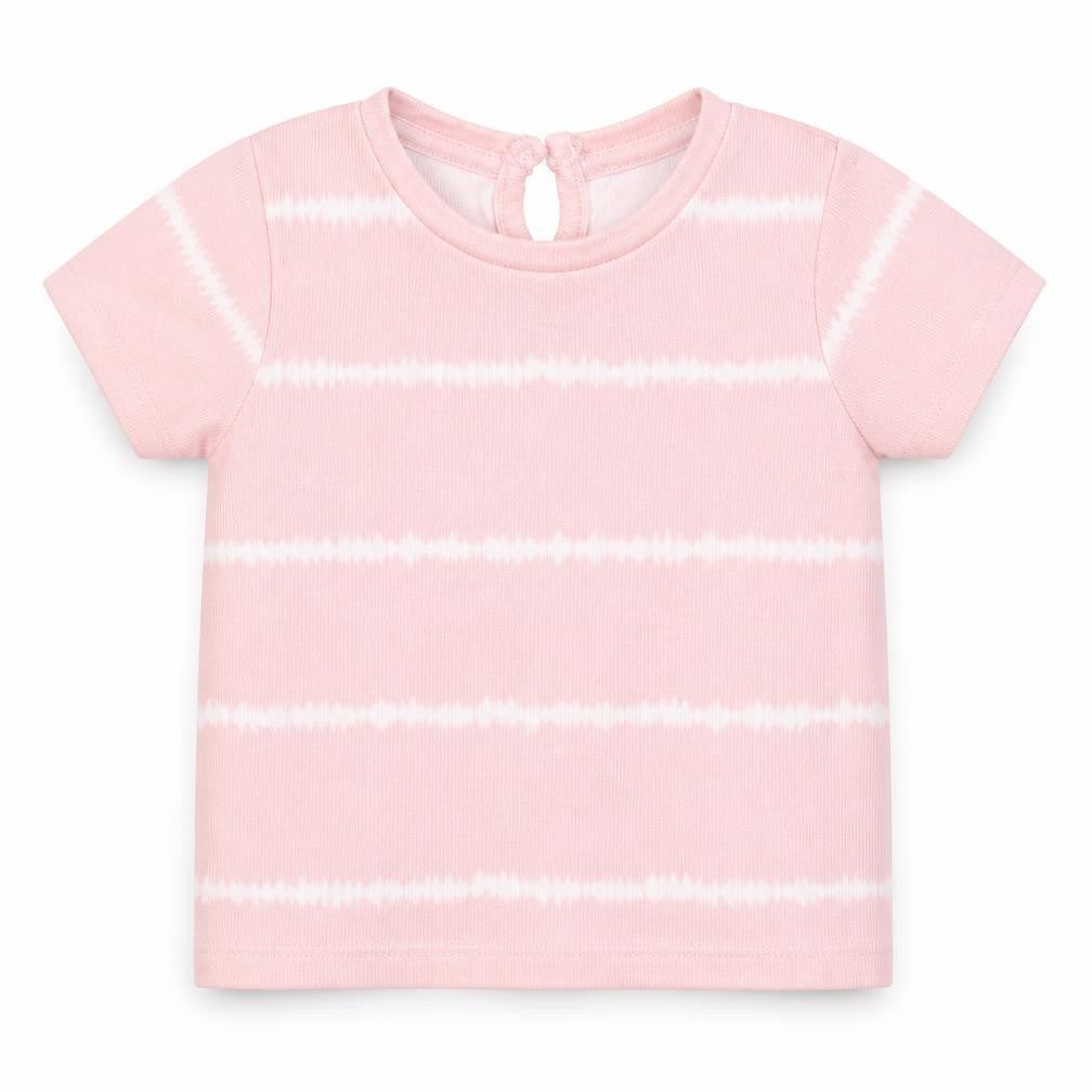 Front view of Matalan girls’ pink striped polyester basic t-shirt, size 3-6, months round neck pullover - tie dye
