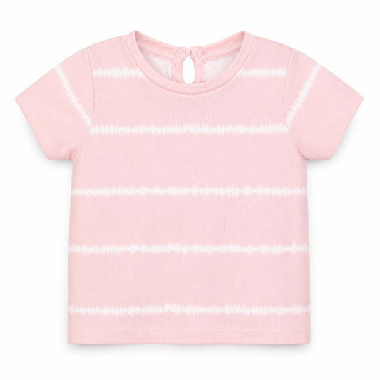 Front view of Matalan girls’ pink striped polyester basic t-shirt, size 3-6, months round neck pullover - tie dye