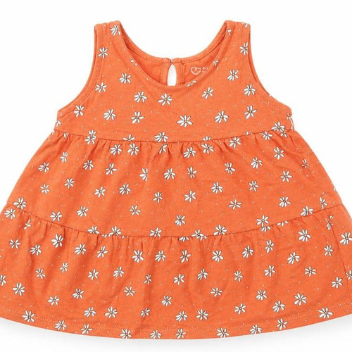 Primark Girls Orange Geometric Cotton Skater Dress Size 6-9 Months Round Neck Button - Daisy Print