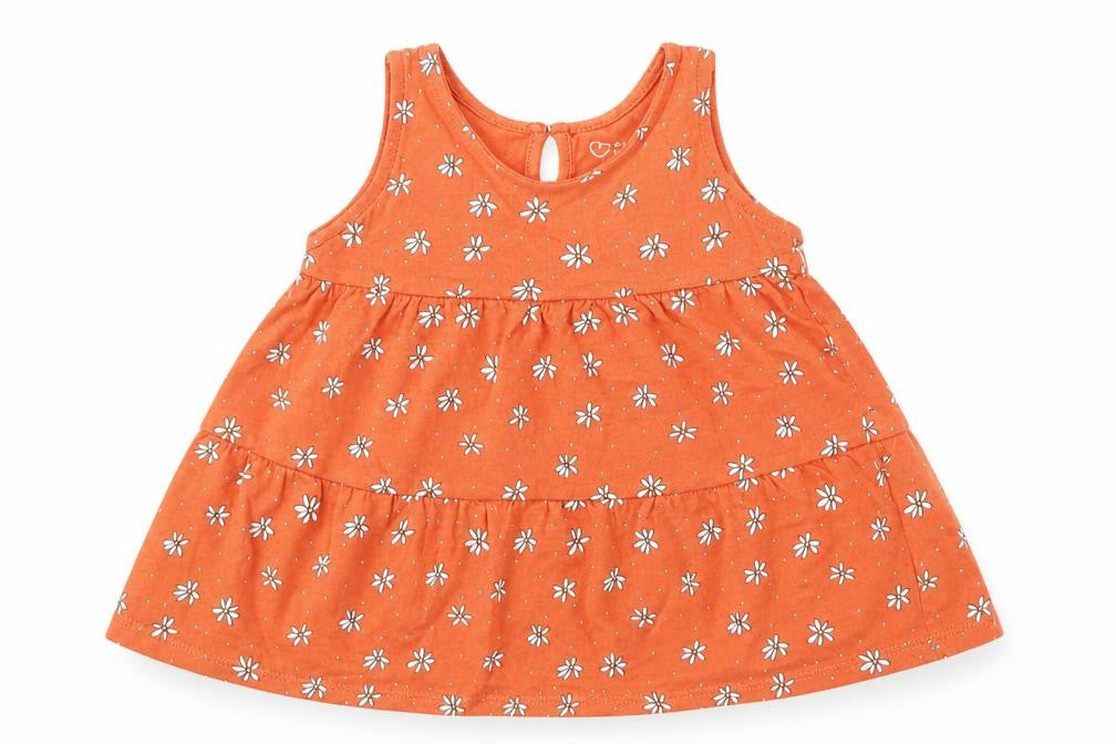 Primark Girls Orange Geometric Cotton Skater Dress Size 6-9 Months Round Neck Button - Daisy Print
