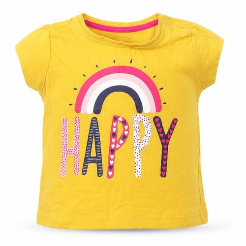 Primark Girls Yellow Cotton Basic T-Shirt Size 3-6 Months Round Neck Pullover - Happy
