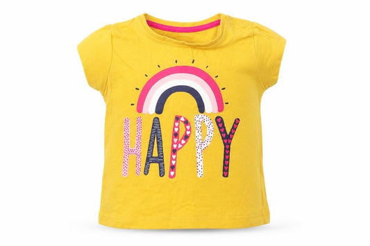 Front view of Primark girls’ yellow cotton basic t-shirt, size 3-6, months round neck pullover - happy
