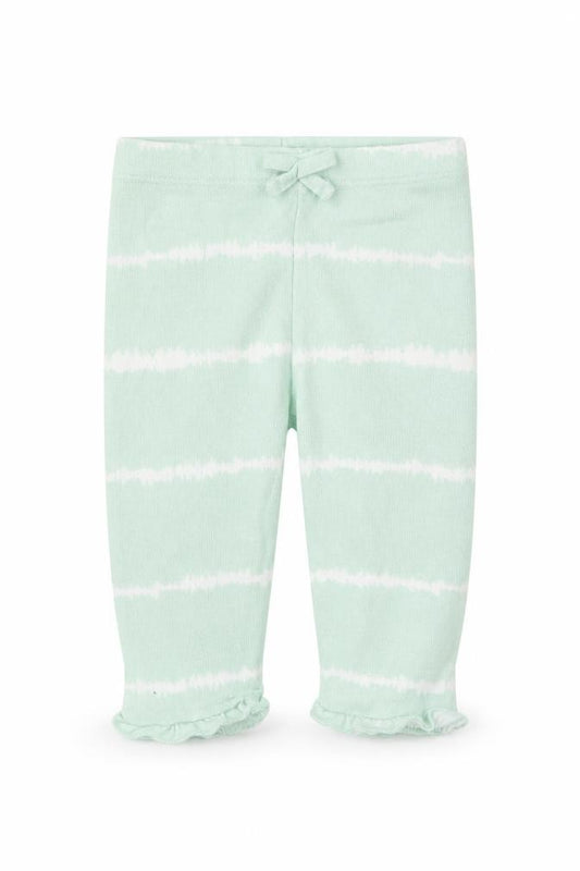 Front view of Matalan girls’ green striped polyester jogger leggings, size 3-6, months pullover
