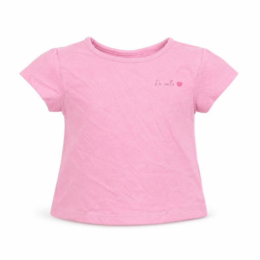 Front view of Studio girls’ pink cotton basic t-shirt, size 6-9, months round neck pullover - i'm cute