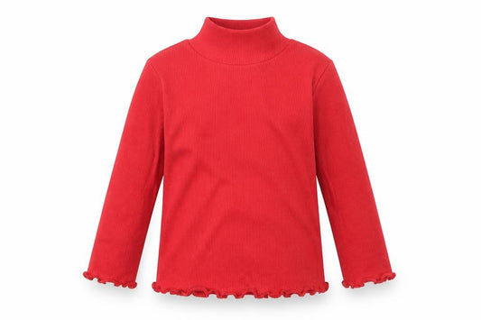 Front view of Dunnes girls’ red cotton basic casual, size 12-18, months high neck pullover - ribbed fabric