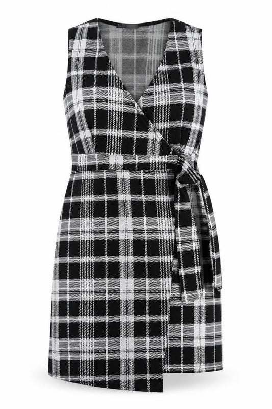 Front view of Quiz women’s grey plaid polyester wrap dress, size UK 10, v-neck pullover - tie at side