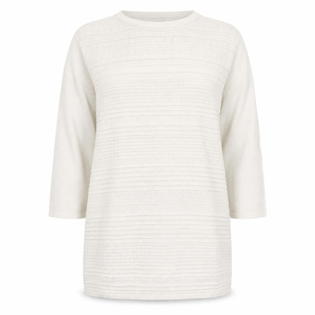 Front view of Warehouse women’s white crew neck viscose jumper, size UK 12