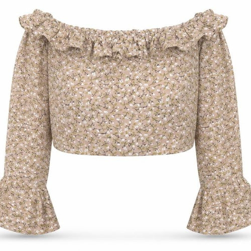 In the Style Womens Brown Floral Polyester Cropped Blouse Size 10 Off the Shoulder