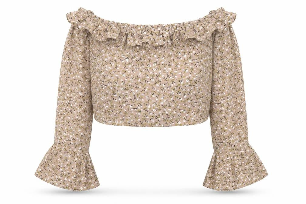 In the Style Womens Brown Floral Polyester Cropped Blouse Size 10 Off the Shoulder