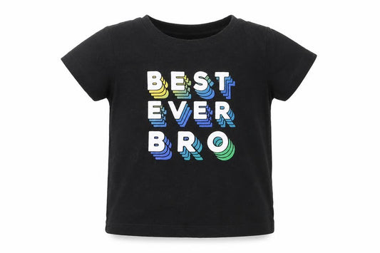 Front view of Next boys’ black cotton basic t-shirt, size 9-12, months crew neck pullover - best ever bro