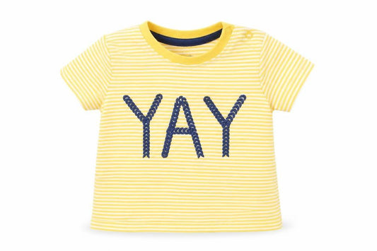 Front view of F&F Baby Yellow Striped Cotton Basic T-Shirt, size 3-6, Months Crew Neck Snap - YAY