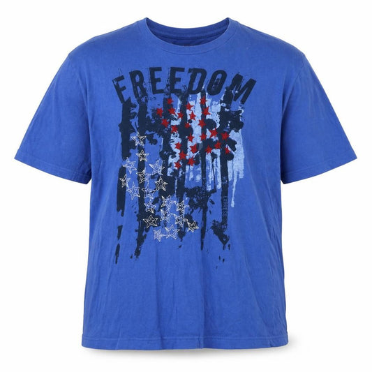 Front view of Express men’s blue cotton t-shirt, size M, round neck - stars freedom
