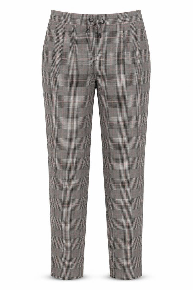 Front view of Only women’s grey plaid polyester trousers, size UK 27, in, 26-inch leg regular drawstring