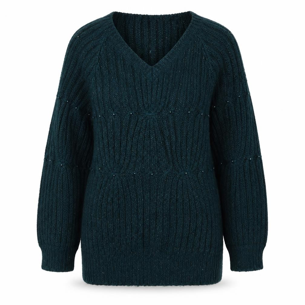 Front view of Dunnes women’s green v-neck acrylic jumper, size UK 10
