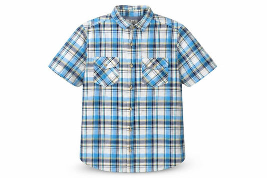 Front view of BHS men’s blue plaid cotton button-up, size S, collared button