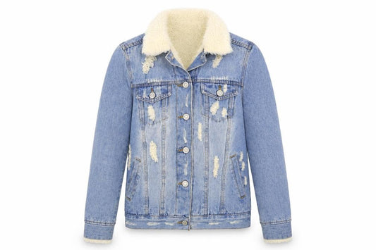 Front view of Denim & Co. women’s blue jacket, size UK 6, button - fluffy lining