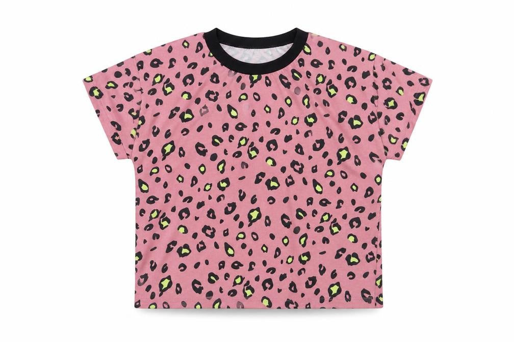 SheIn Girls Pink Animal Print Polyester Pullover T-Shirt Size 6-7 Years Crew Neck Pullover - Leopard Print