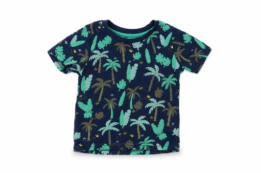 Front view of Primark Baby Blue Geometric Cotton Pullover T-Shirt, size 9-12, Months Crew Neck Pullover - Palm Tree Print