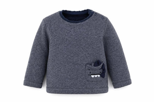 Front view of George Baby Blue Polyester jumper, size 12-18, Months Snap - Dinosaur Pocket