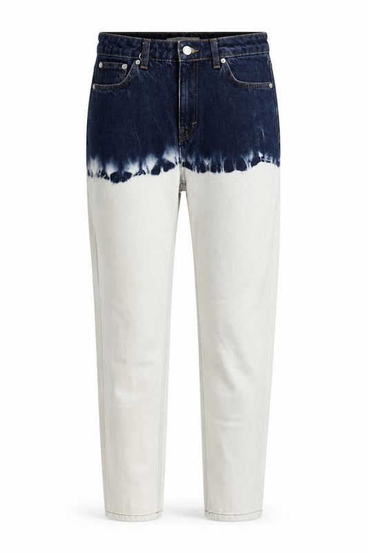 Front view of Topshop women’s multicoloured cotton tapered jeans, size UK 28, in, 32-inch leg regular button - tie-dye