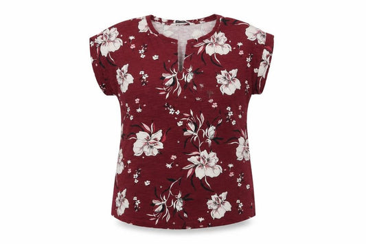 Front view of Part Two women’s red floral cotton basic t-shirt, size S, v-neck