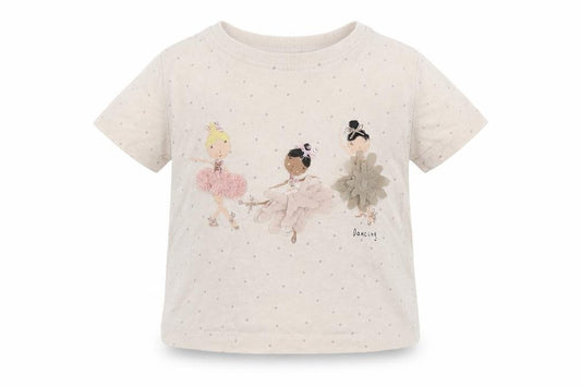 Front view of Next girls’ ivory polka dot cotton basic polo, size 3-6, months round neck - dancing