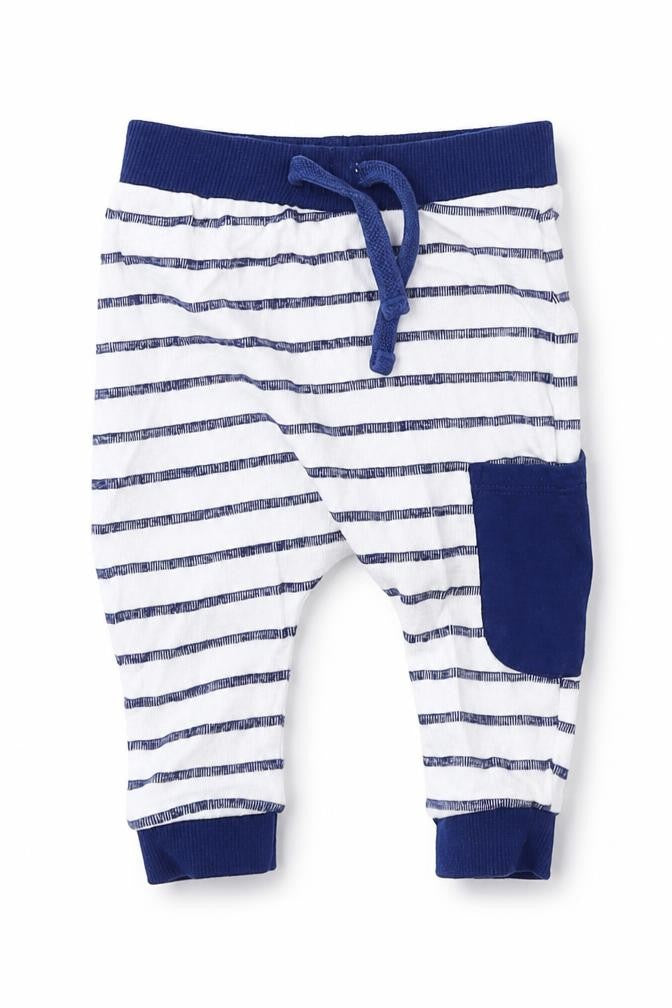 Mini Club Boys Blue Striped Cotton Jogger Trousers Size 3-6 Months Drawstring