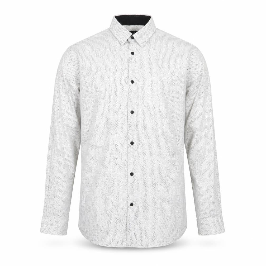 Front view of Cedarwood State men’s white polka dot cotton button-up, size 15.5 collared button