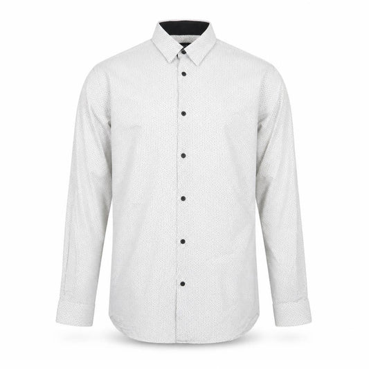Front view of Cedarwood State men’s white polka dot cotton button-up, size 15.5 collared button