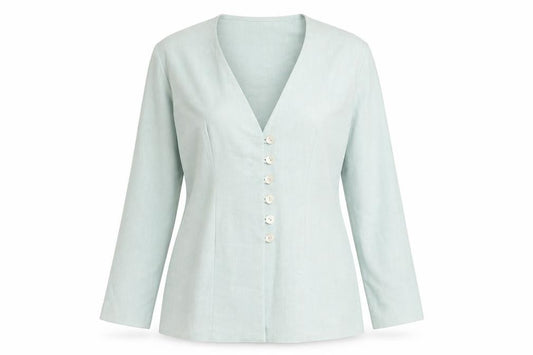 Front view of Rebecca Sheldon women’s green jacket blazer, size UK 14, button