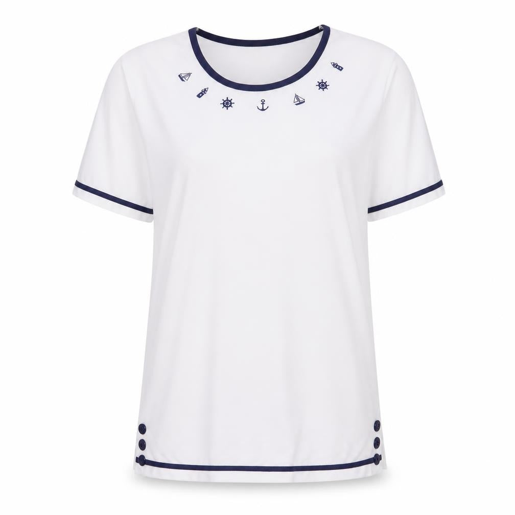 Front view of Anne De Lancay women’s white polyester basic t-shirt, size M, round neck - marine