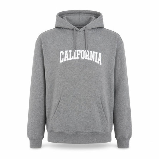 Front view of Primark men’s grey cotton pullover hoodie, size XS, - california