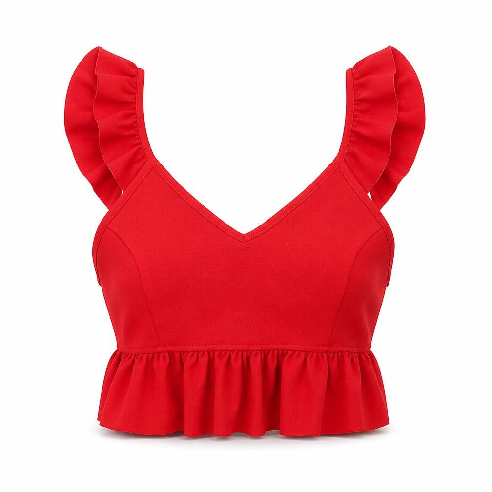 Front view of New Look women’s red polyester cropped blouse, size UK 6, v-neck