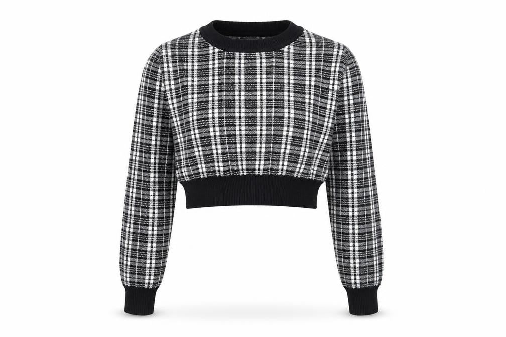 Front view of Primark women’s black round neck plaid viscose jumper, size S