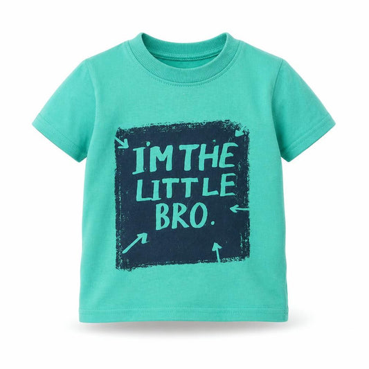 Front view of George boys’ green cotton basic t-shirt, size 9-12, months round neck pullover - i'm the little bro