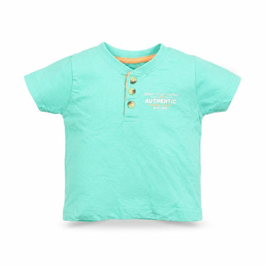 Front view of Primark boys’ green cotton basic t-shirt, size 9-12, months round neck button - cheeky chimp academy
