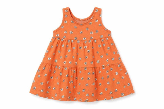 Front view of Primark girls’ orange floral cotton shift, size 12-18, months round neck pullover - daisy tiered