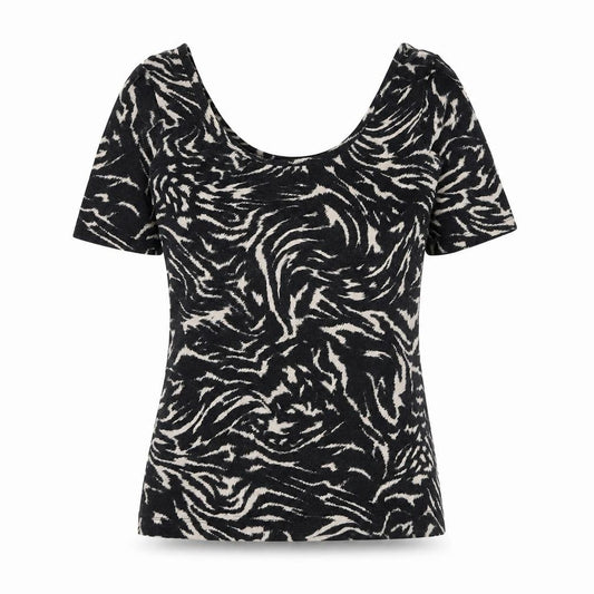 Front view of Next women’s black geometric viscose basic t-shirt, size UK 8, scoop neck