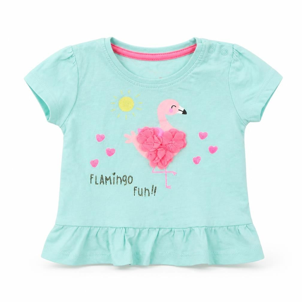 Front view of Primark girls’ green cotton basic t-shirt, size 3-6, months round neck pullover - flamingo