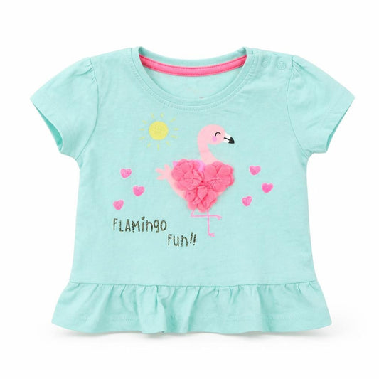 Front view of Primark girls’ green cotton basic t-shirt, size 3-6, months round neck pullover - flamingo