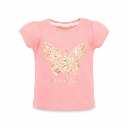 Front view of Primark girls’ pink polyester basic t-shirt, size 3-6, months round neck pullover - butterfly