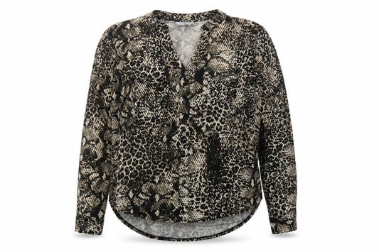 Front view of Classics women’s black animal print polyester basic button-up, size UK 14, collared