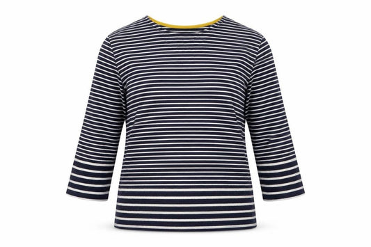 Front view of Warehouse women’s blue striped cotton basic t-shirt, size UK 12, round neck