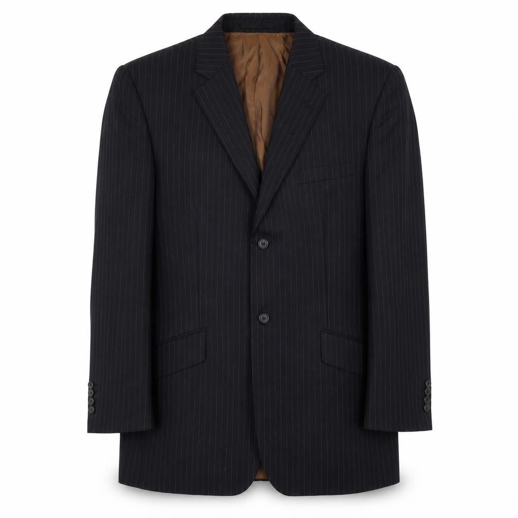 Front view of Brook Taverner men’s blue striped polyester jacket suit jacket, size M