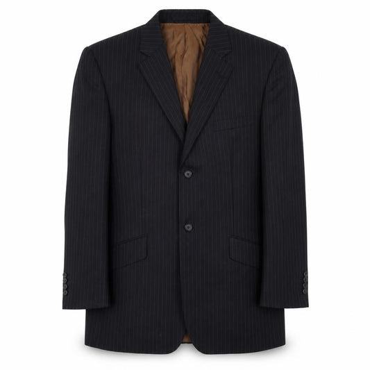 Front view of Brook Taverner men’s blue striped polyester jacket suit jacket, size M