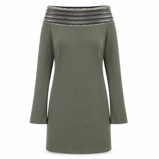 Front view of Im Fashions women’s green polyester a-line, size S, boat neck pullover