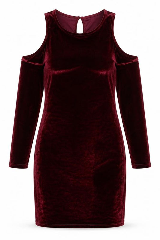 Front view of Parisian women’s red polyester bodycon, size UK 10, crew neck button - cold shoulder