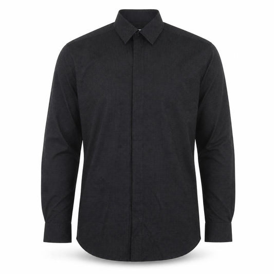 Front view of Cedarwood State men’s black polka dot cotton button-up, size 14.5 collared button
